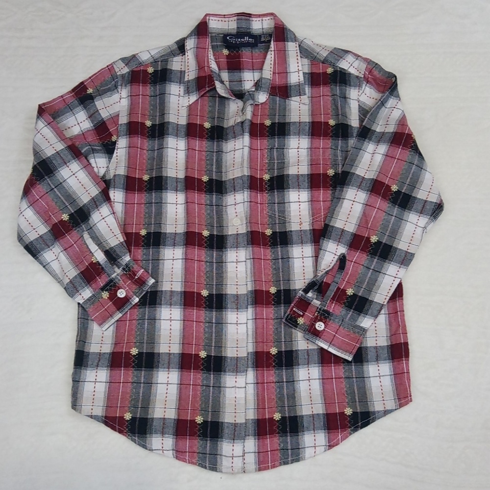 Embroidered Plaid Button Down Top - image 1